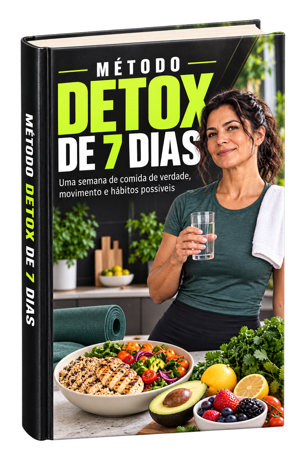 Mockup 3D do livro Método Detox de 7 Dias, com capa e lombada