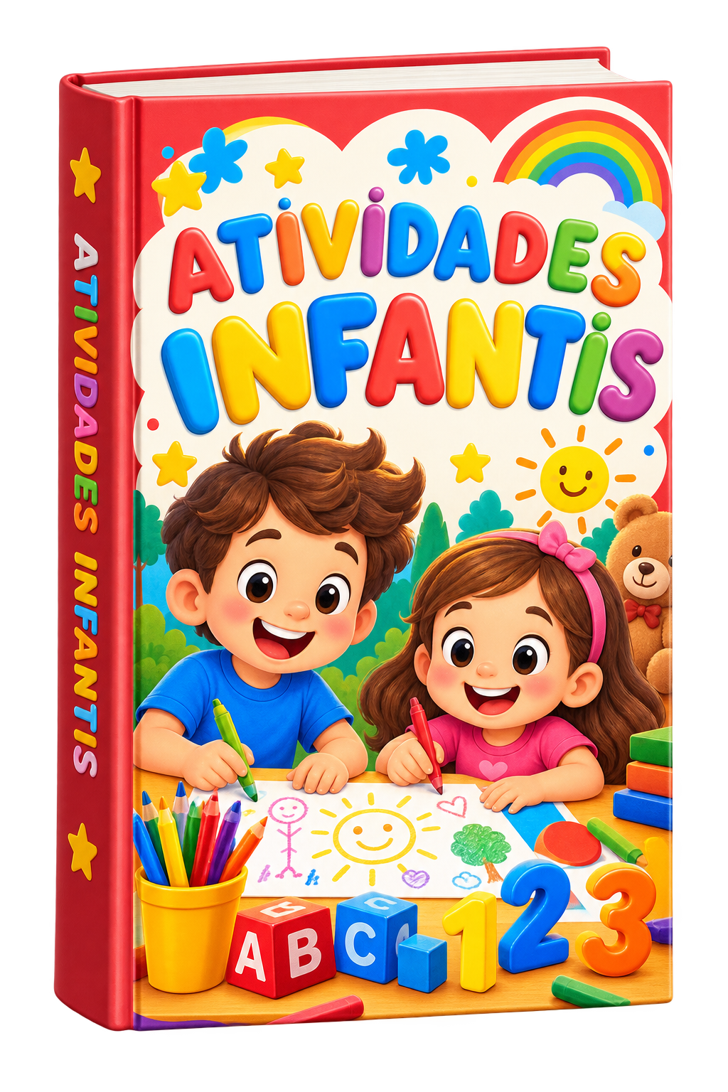 Mockup 3D do livro Atividades Infantis, com capa e lombada