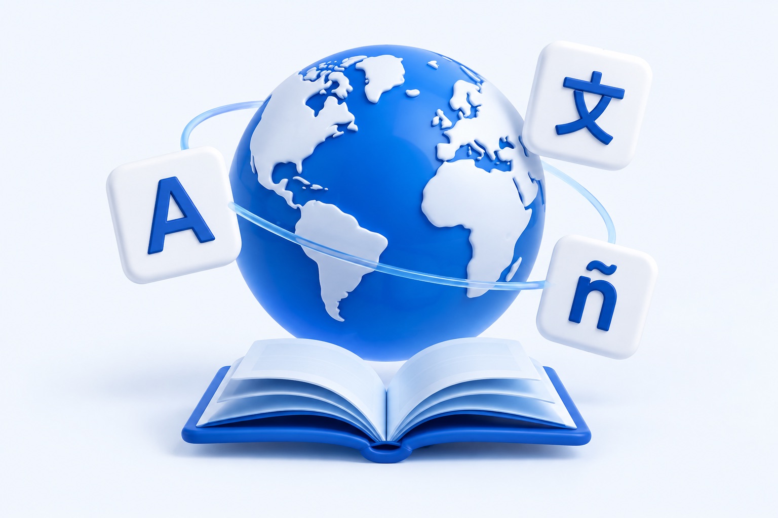 Globo azul com um livro aberto e cartões de tradução
